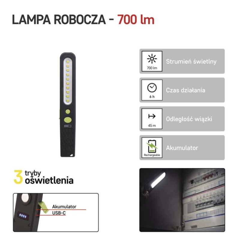 Lampa warsztatowa SMD LED + LED 700 lm, 1200mAh, ładowalna