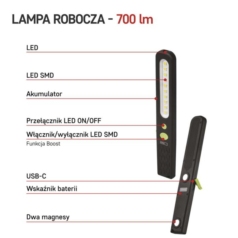 Lampa warsztatowa SMD LED + LED 700 lm, 1200mAh, ładowalna