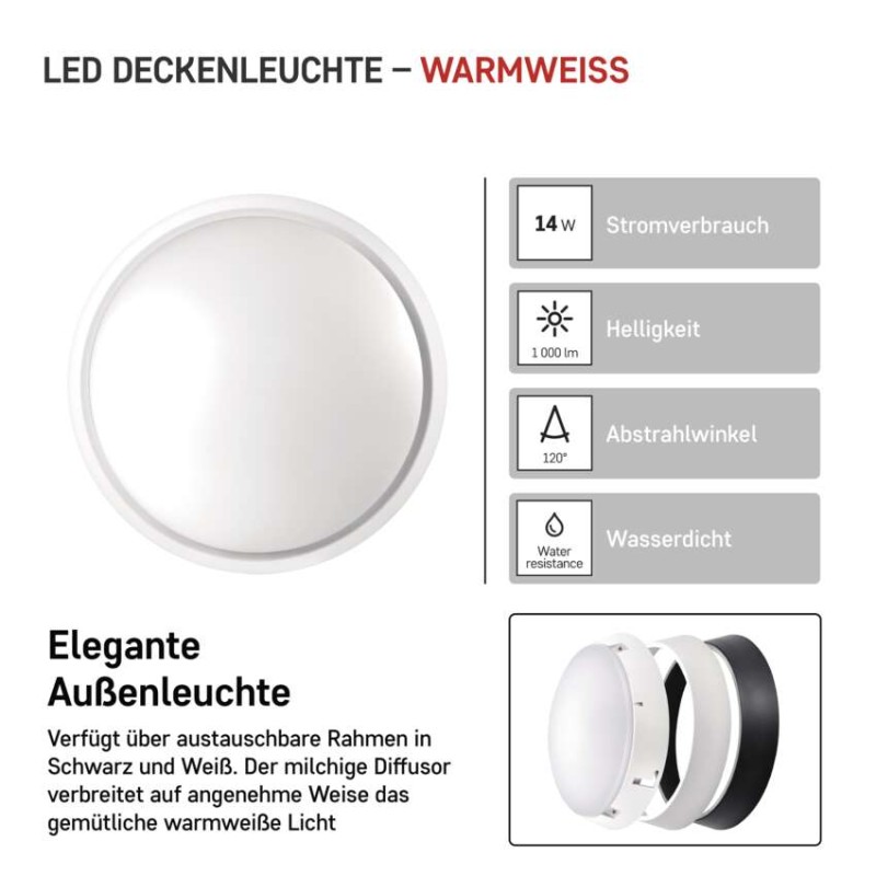 LED Deckenleuchte, rund, schwarz/weiss 14W warmweiss