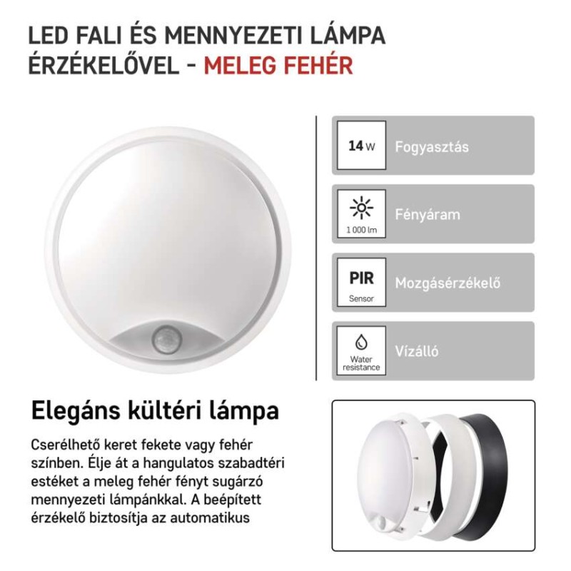 EMOS LED mennyezeti lámpa ZURI 14W 1000lm PIR érzékelővel IP54 meleg fehér