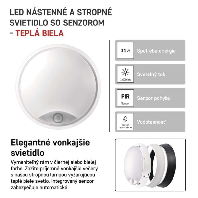 LED prisadené svietidlo ZURI s pohyb. senz., kruhové č/b 14W t.b.