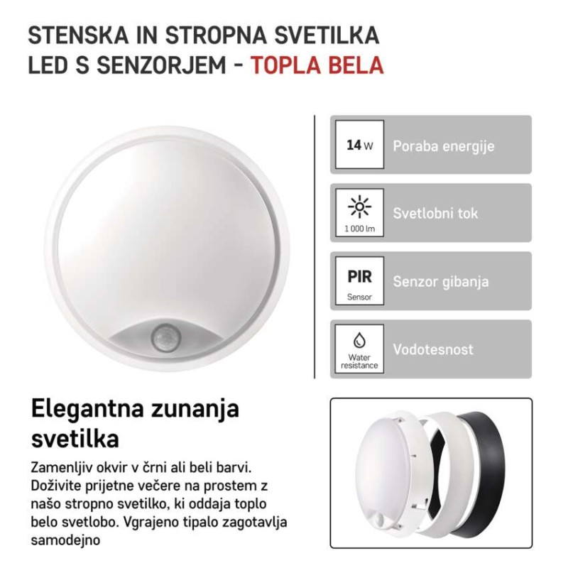 LED svetilo nadometno ZURI, okroglo, s senzorjem, 14W, toplo bela