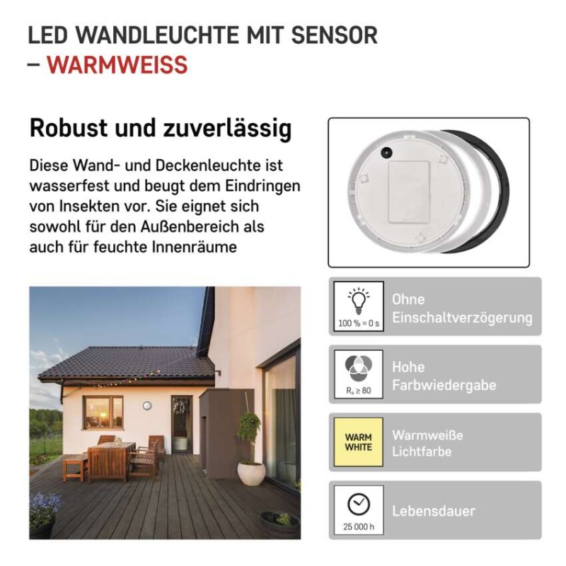 LED Deckenleuchte mit Bewegungsmelder, rund, schw./w. 14W WW
