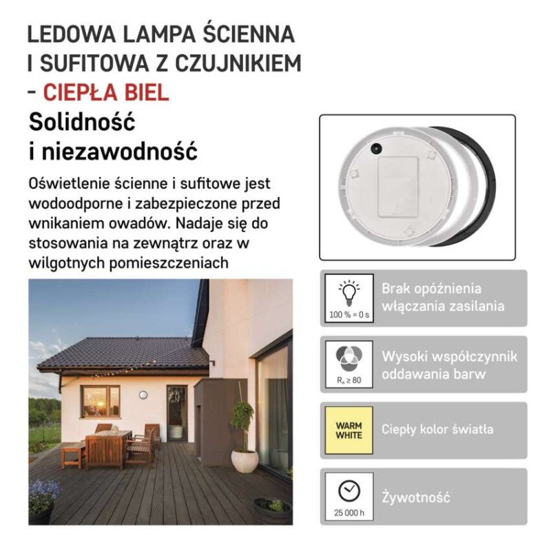 Oprawa LED ZURI okrągła PIR 14W IP54 ciepła biel