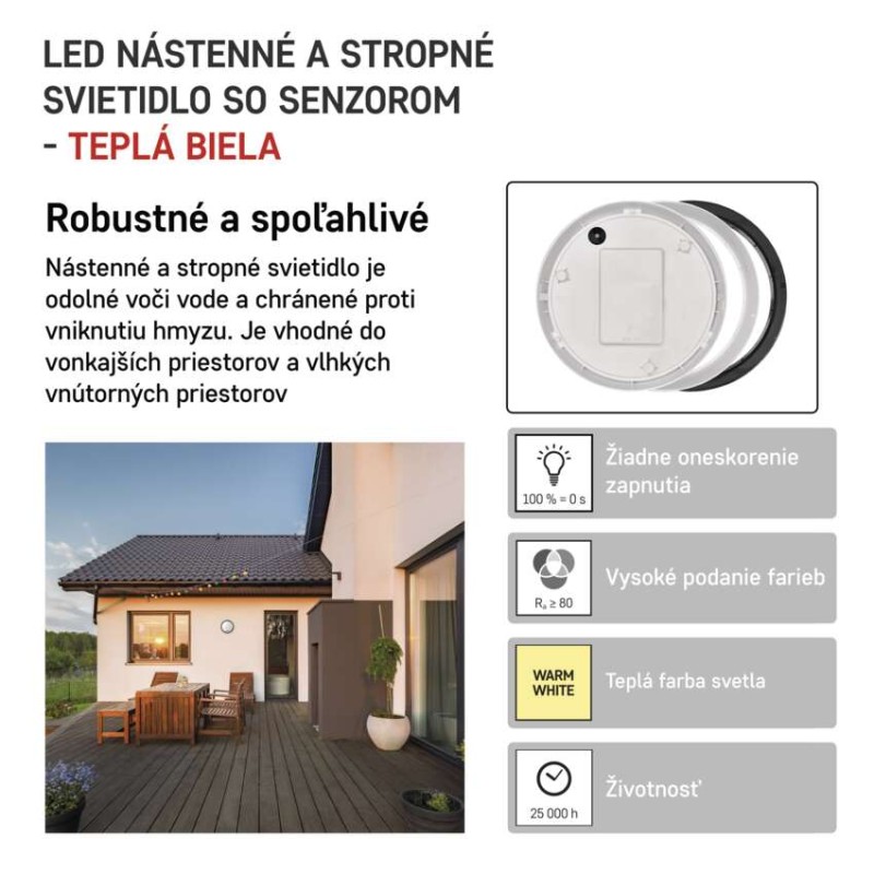 LED prisadené svietidlo ZURI s pohyb. senz., kruhové č/b 14W t.b.