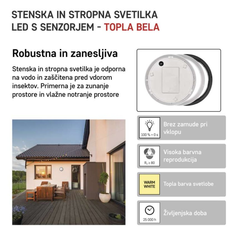 LED svetilo nadometno ZURI, okroglo, s senzorjem, 14W, toplo bela