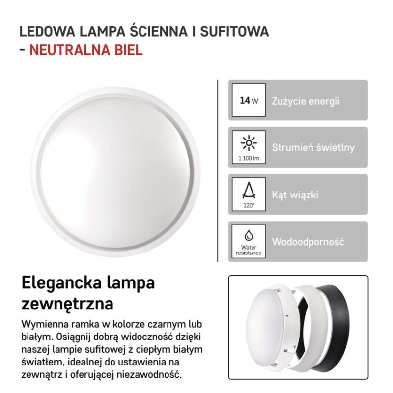 Oprawa LED okrągła ZURI 14W IP54 neutralna biel; biała/czarna
