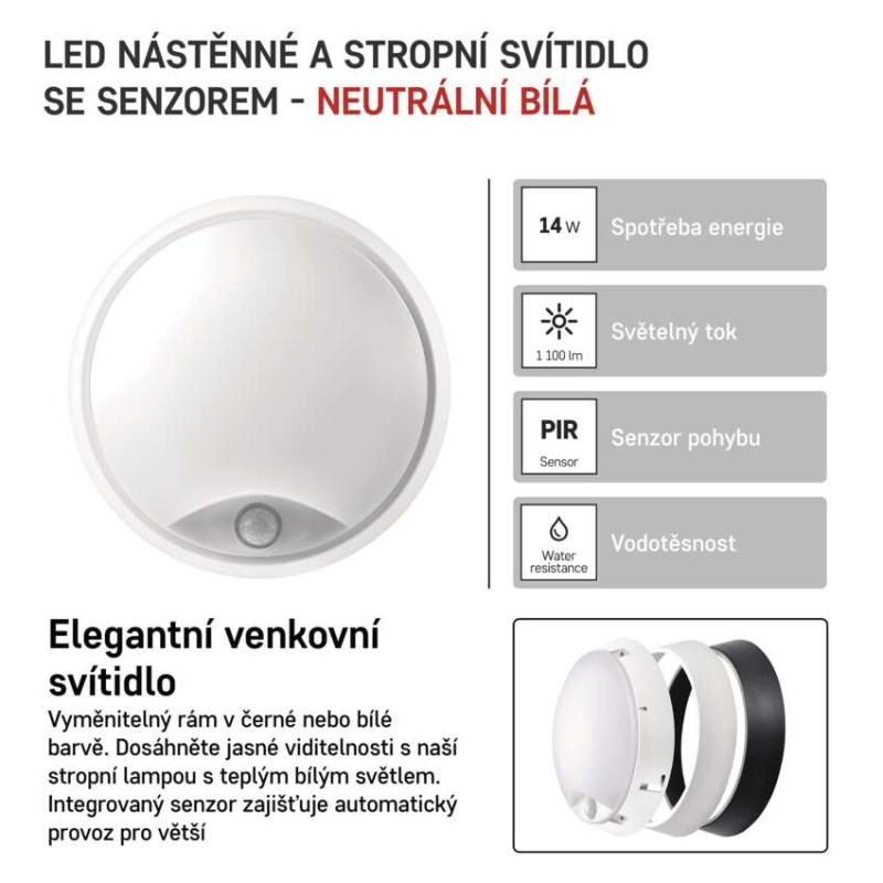 LED svítidlo ZURI s pohybovým čidlem, 22 cm, 14 W, neutrální bílá, IP54