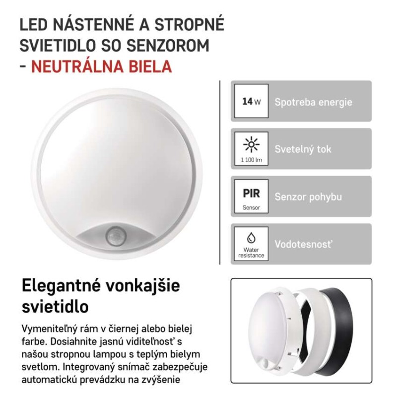 LED prisadené svietidlo ZURI s pohyb. senz., kruhové č/b 14W n.b.