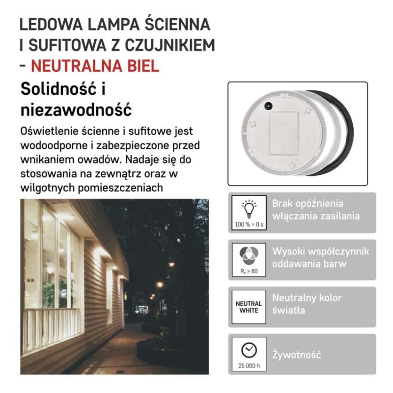 Oprawa LED ZURI okrągła 14W PIR IP54 neutralna biel; biała/czarna