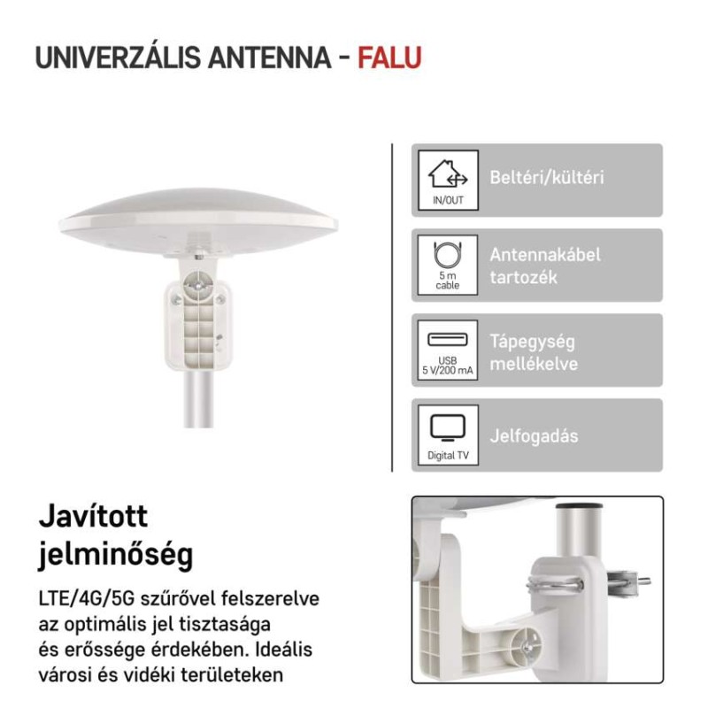 Univerzális antenna VILLAGE MOON–V900, DVB-T2, FM, DAB, LTE/4G/5G szűrő