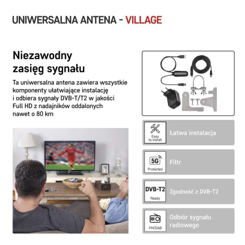 Antena uniwersalna VILLAGE MOON–V900, DVB-T2, FM, DAB, filtr LTE/4G/5G