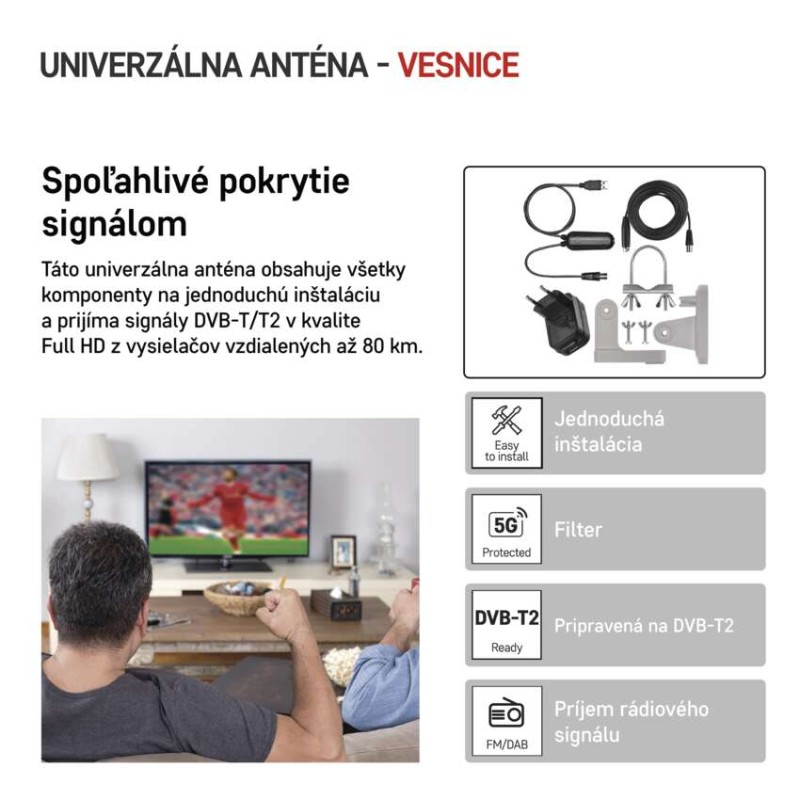 Anténa univerzálna VILLAGE MOON–V900, DVB-T2, FM, DAB, filter LTE/4G/5G