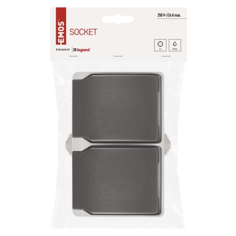 Wandsteckdose, doppelt, grau-schwarz, IP44