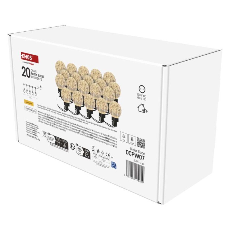 LED světelný řetěz – 20x párty žárovky, 7,6 m, venkovní i vnitřní, teplá bílá