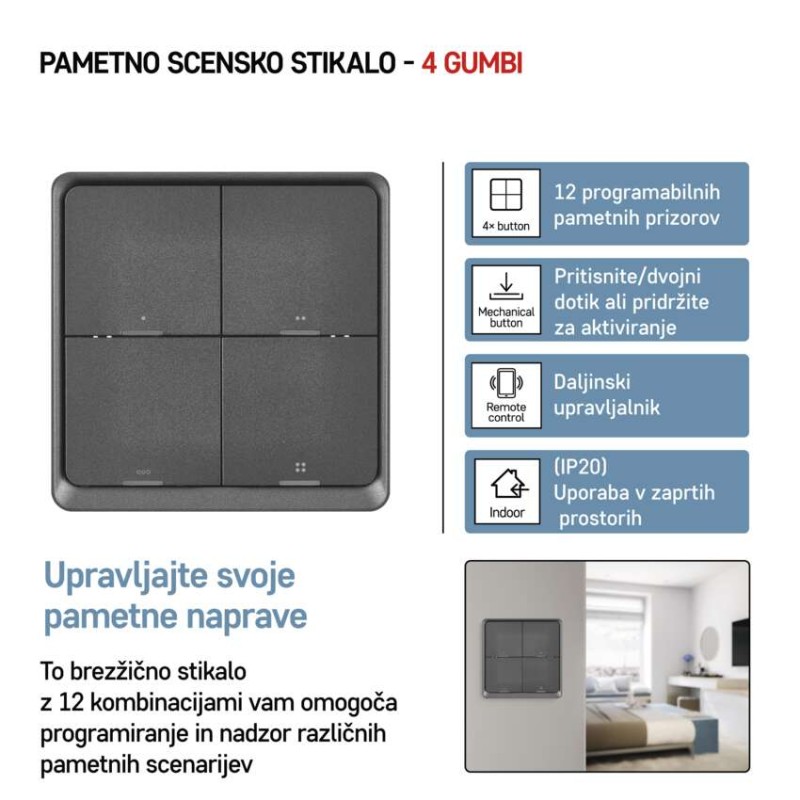 GoSmart Prenosno scensko stikalo IP-2004ZB, ZigBee 3.0, 4 gumbi