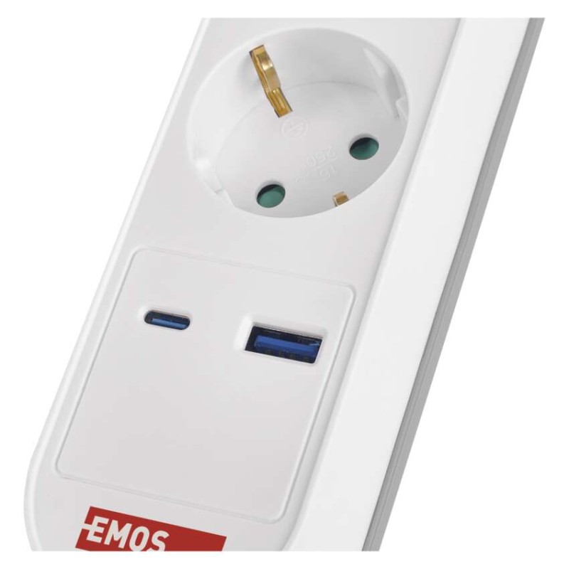 Hosszabbító 3 m / 5 aljzat / kapcsolós / fehér-szürke / 1×USB-A + 1×USB-C / 1,5 mm2