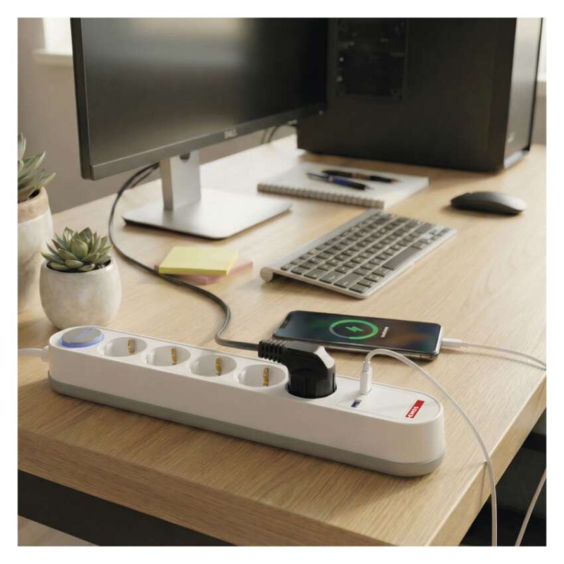 Hosszabbító 3 m / 5 aljzat / kapcsolós / fehér-szürke / 1×USB-A + 1×USB-C / 1,5 mm2