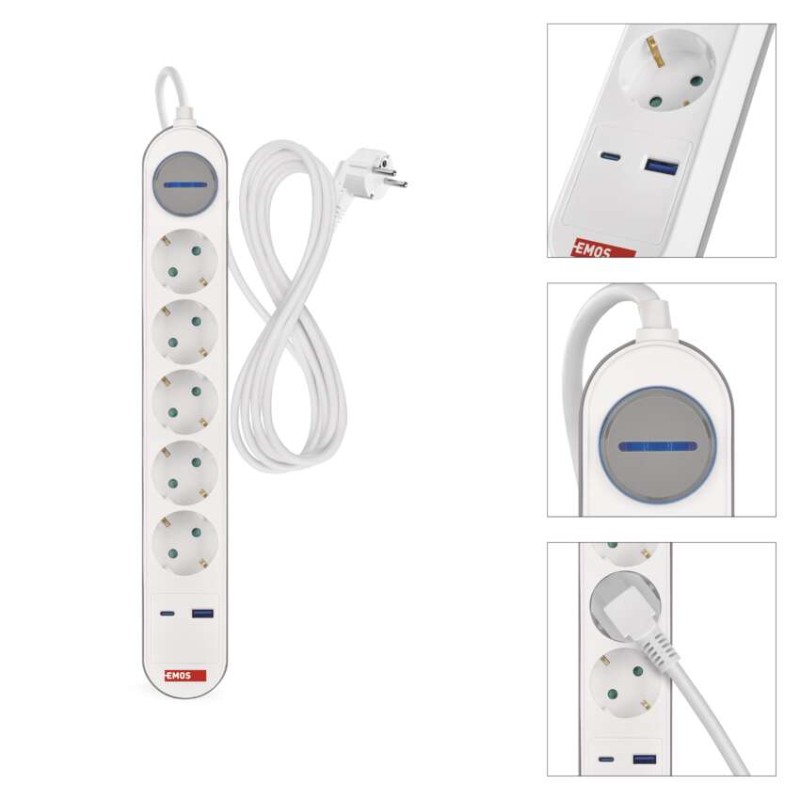 Hosszabbító 3 m / 5 aljzat / kapcsolós / fehér-szürke / 1×USB-A + 1×USB-C / 1,5 mm2