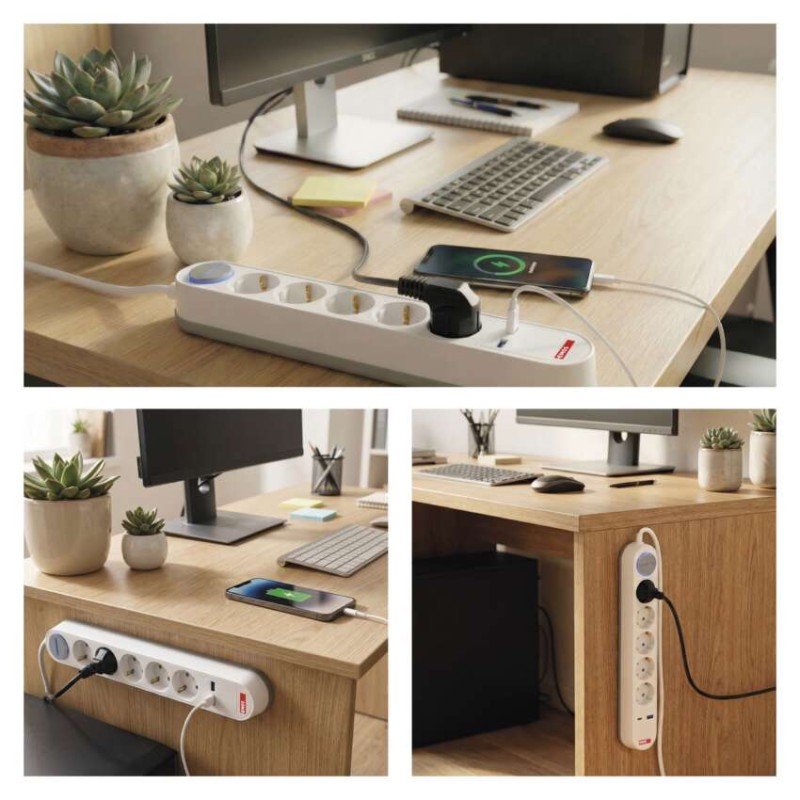 Hosszabbító 3 m / 5 aljzat / kapcsolós / fehér-szürke / 1×USB-A + 1×USB-C / 1,5 mm2