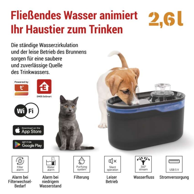 GoSmart Wasserbrunnen Pet Care, 2,6 l, grau, Wi-Fi