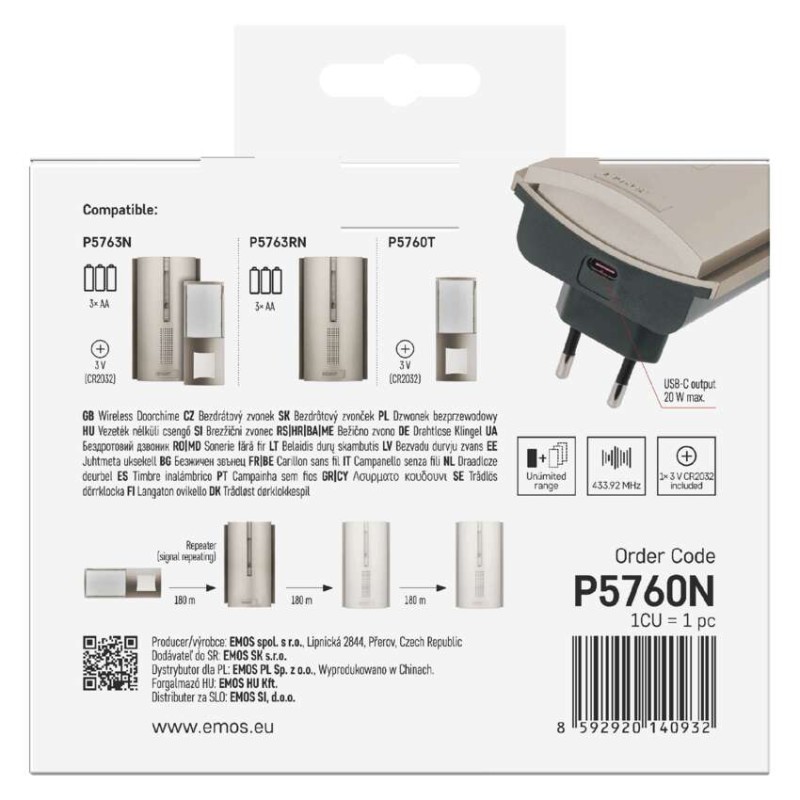 Domovní bezdrátový zvonek P5760N do zásuvky, s možností prodloužení signálu