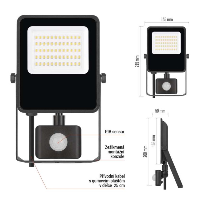 LED reflektor VISIO s pohybovým čidlem, 30 W, černý, neutrální bílá