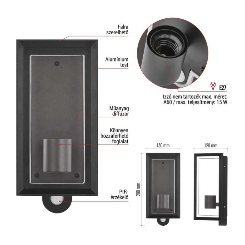 Kerti fali lámpa MALVA szürkületérzékelővel, 13 x 12,5 x 28 cm, 1 x E27, 15 W