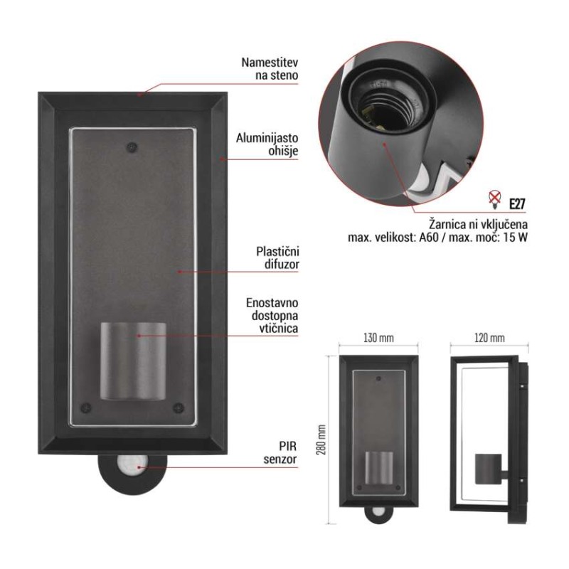 Vrtna stenska svetilka MALVA s PIR senzorjem,  13 x 12,5 x 28 cm, 1 x E27, 15 W