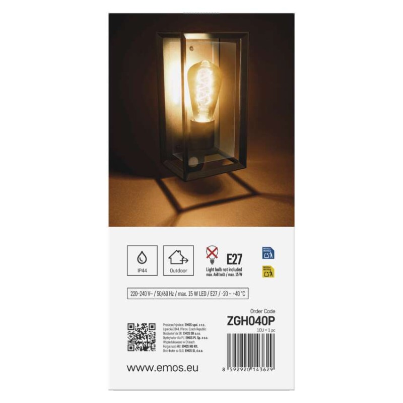 Vrtna stenska svetilka MALVA s PIR senzorjem,  13 x 12,5 x 28 cm, 1 x E27, 15 W