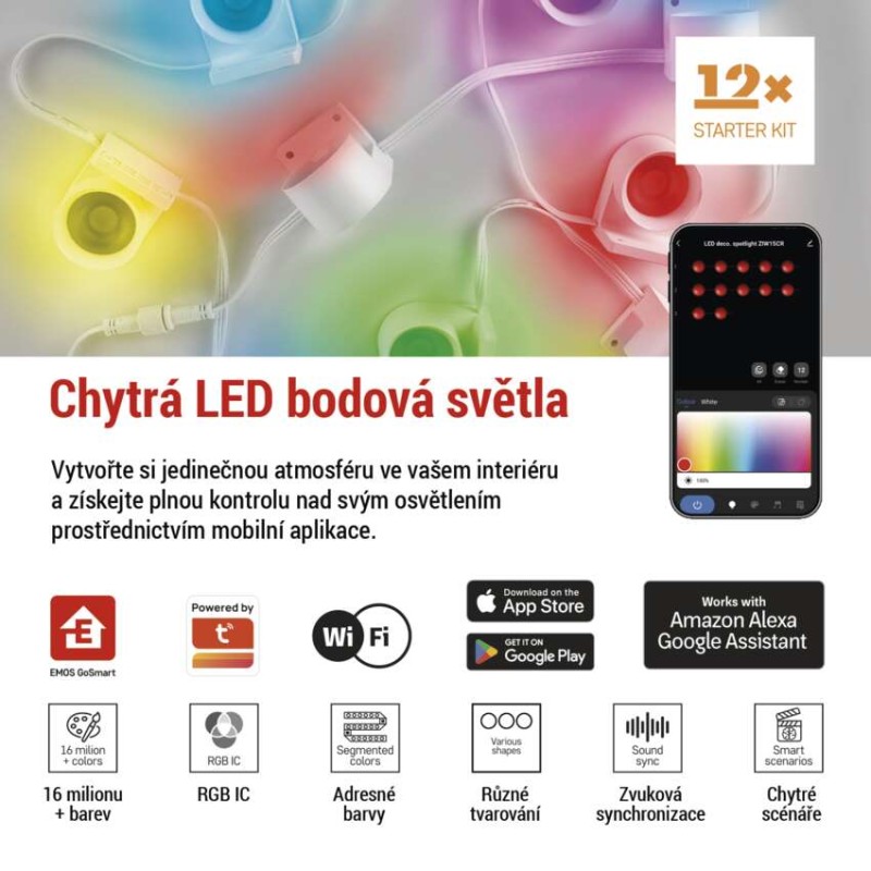 GoSmart LED bodové svítidlo – řetěz 255 cm, 12 dílů, 7 W, RGBIC+CCT, stmívatelné, WiFi