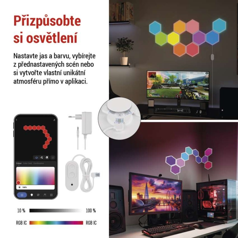 GoSmart LED svítidlo Hexagon, startovací sada, 10 dílů, 19 W, RGBIC stmívatelné, WiFi