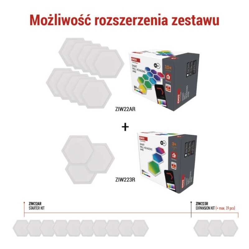 GoSmart Oprawa LED RGB IC Hexagon, 10 części, 19 W, ściemnialna, WiFi