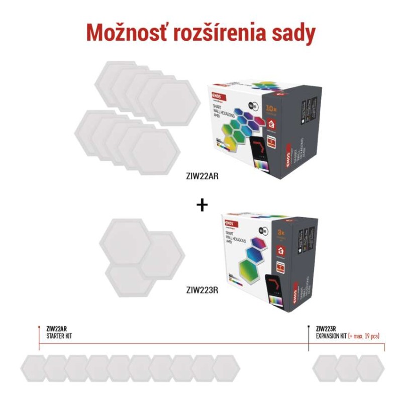 GoSmart LED svietidlo Hexagon, štartovací sada, 10 dielov, 19 W, RGBIC stmievateľné, WiFi