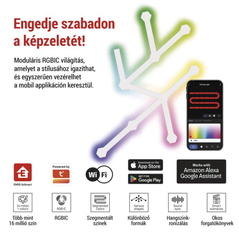 GoSmart LED lámpatest Lines fehér, 9 részből álló, 34 W, RGBIC dimmelhető, WiFi
