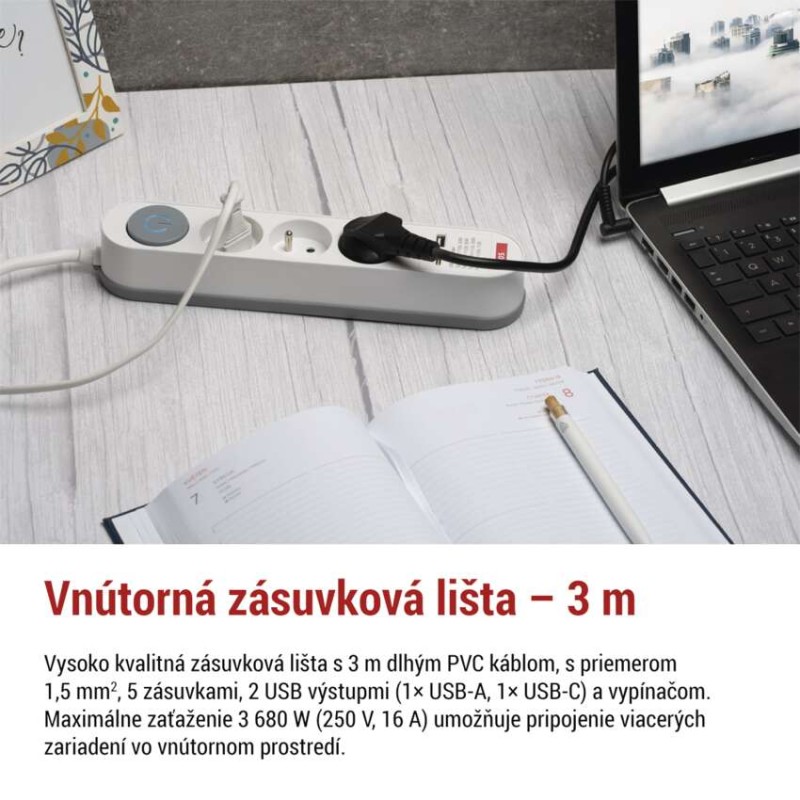 Predlžovací kábel 3 m / 5 zásuvky / s vypínačom / bielo-sivý / 1×USB-A + 1×USB-C / 1,5 mm2