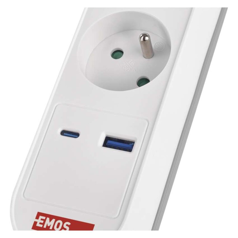 Prodlužovací kabel 3 m / 5 zásuvky / s vypínačem / bílo-šedý / 1×USB-A + 1×USB-C / 1,5 mm2