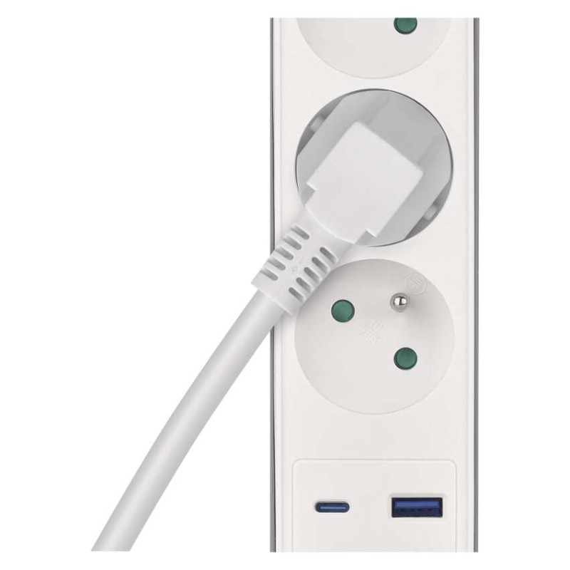 Prodlužovací kabel 3 m / 5 zásuvky / s vypínačem / bílo-šedý / 1×USB-A + 1×USB-C / 1,5 mm2