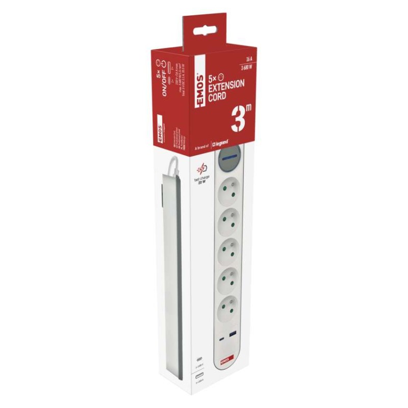 Prodlužovací kabel 3 m / 5 zásuvky / s vypínačem / bílo-šedý / 1×USB-A + 1×USB-C / 1,5 mm2
