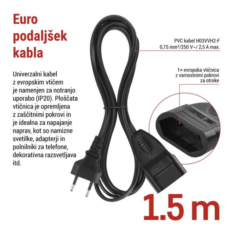 Podaljšek 1,5 m / 1 vtičnica / črn / PVC / 0,75 mm2
