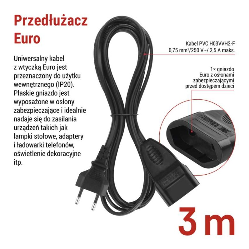 Przedłużacz 3 m / 1 gniazdo / czarny / PVC / 0,75 mm2