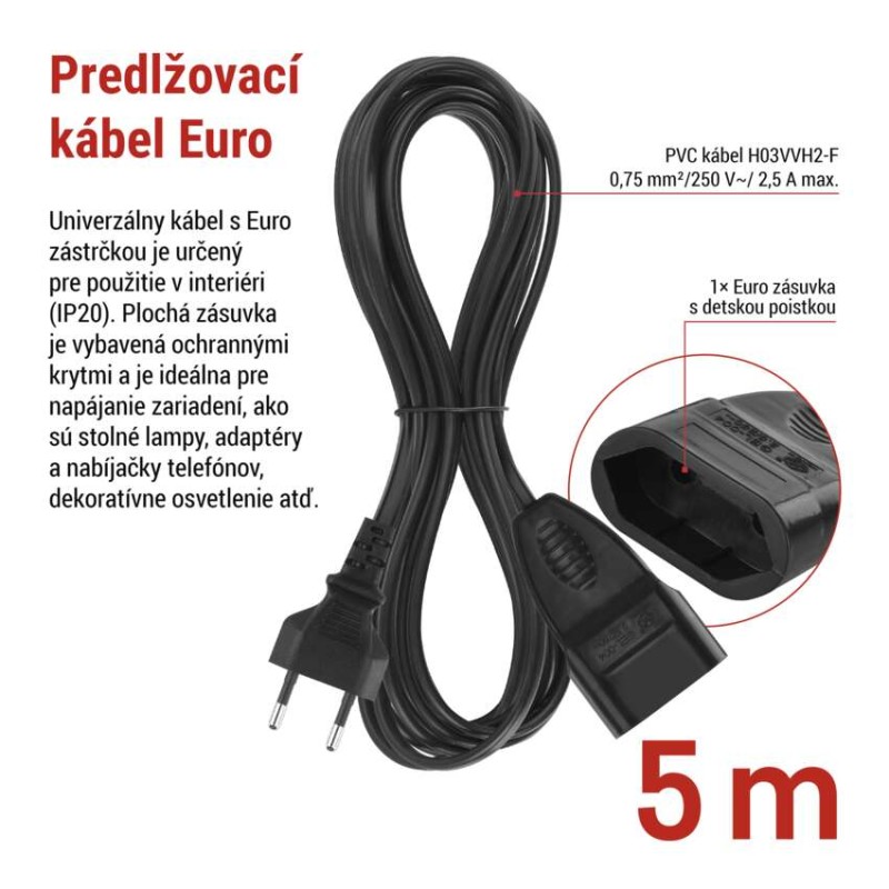 Dvojžilový pohyblivý prívod 5 m / 1 zásuvka / čierny / PVC / 0,75 mm2