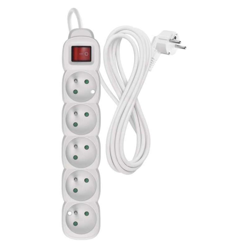 Prodlužovací kabel 3 m / 5 zásuvek / s vypínačem / bílý / PVC / 1,5 mm2