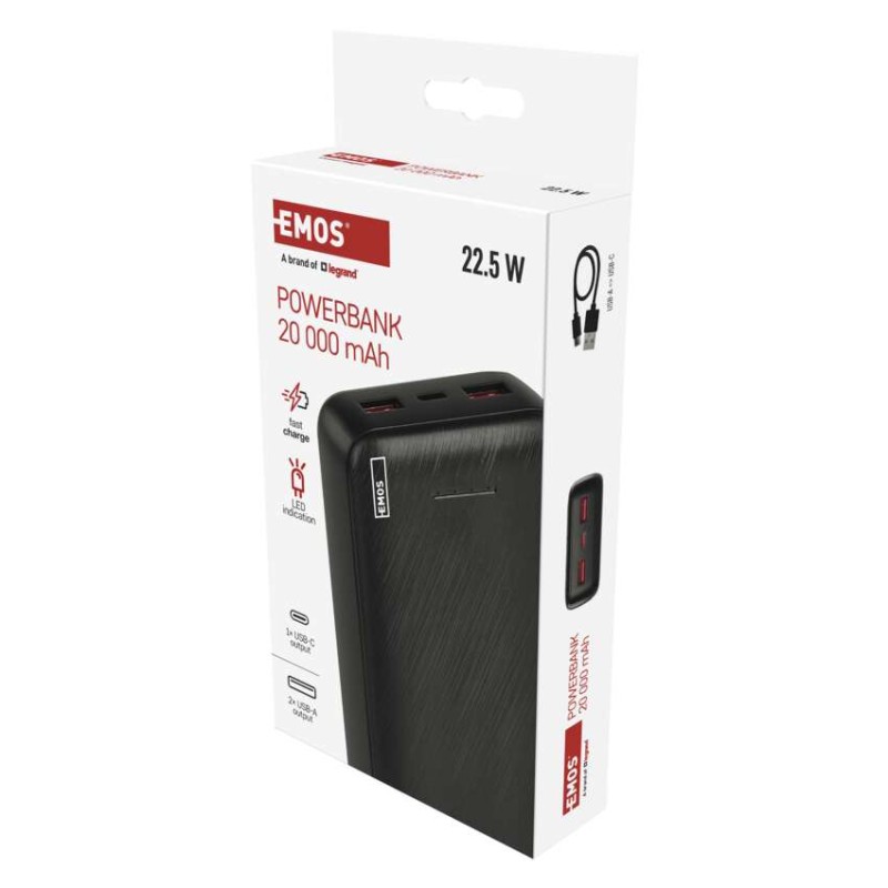 EMOS Powerbank AlphaQ3, 20 000 mAh, 22,5 W, fekete
