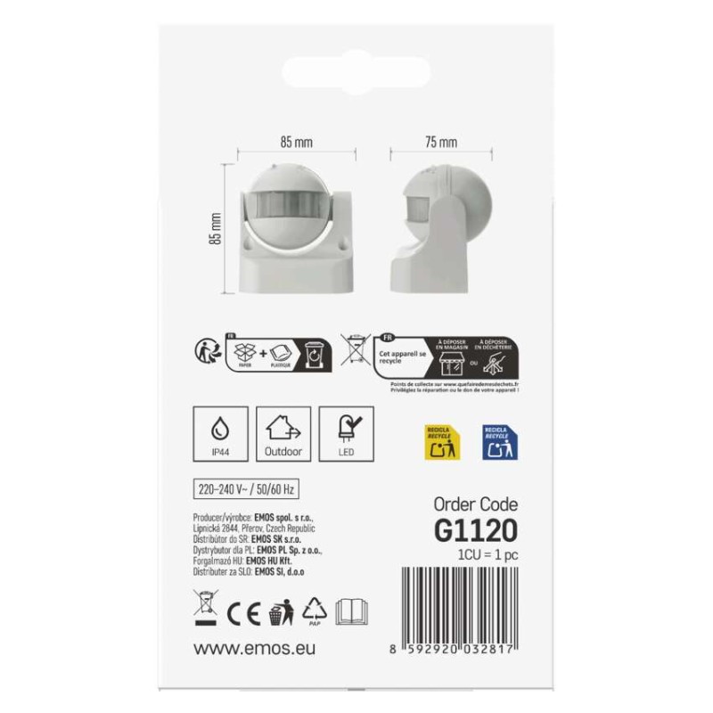 PIR senzor (pohybové čidlo) IP44 1200W, biely