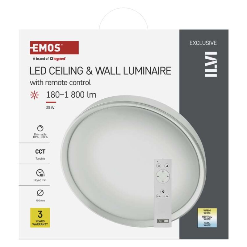 LED-valgusti ILVI 40 cm, 30 W, soe-külm valge, puldiga muudetava valgustugevusega