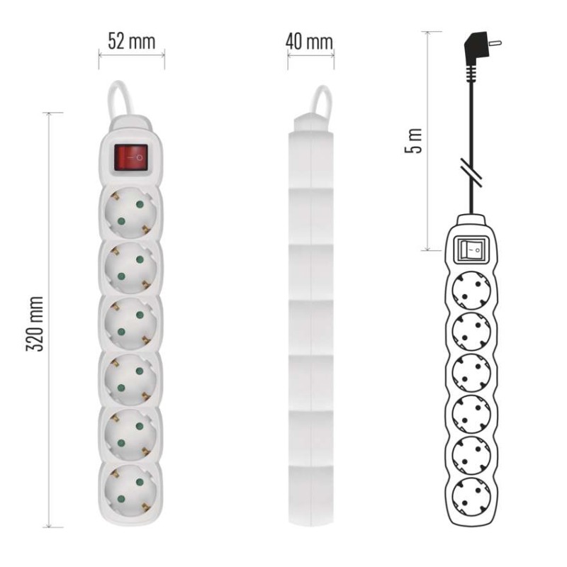Ilgintuvas 5 m / 6 lizdai / su jungikliu / baltas / PVC / 1,5 mm2 