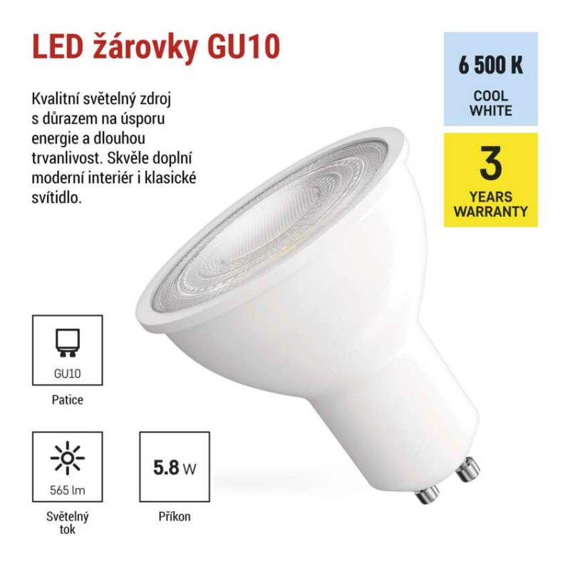 LED žárovka Classic MR16 bílá / GU10 / 5,8 W (75 W) / 565 lm / Studená bílá