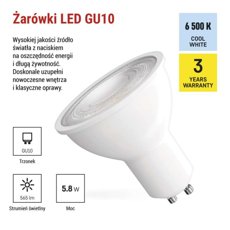 Żarówka LED Classic MR16 biały/ GU10 / 5,8 W (75 W) / 565 lm / Zimna biel