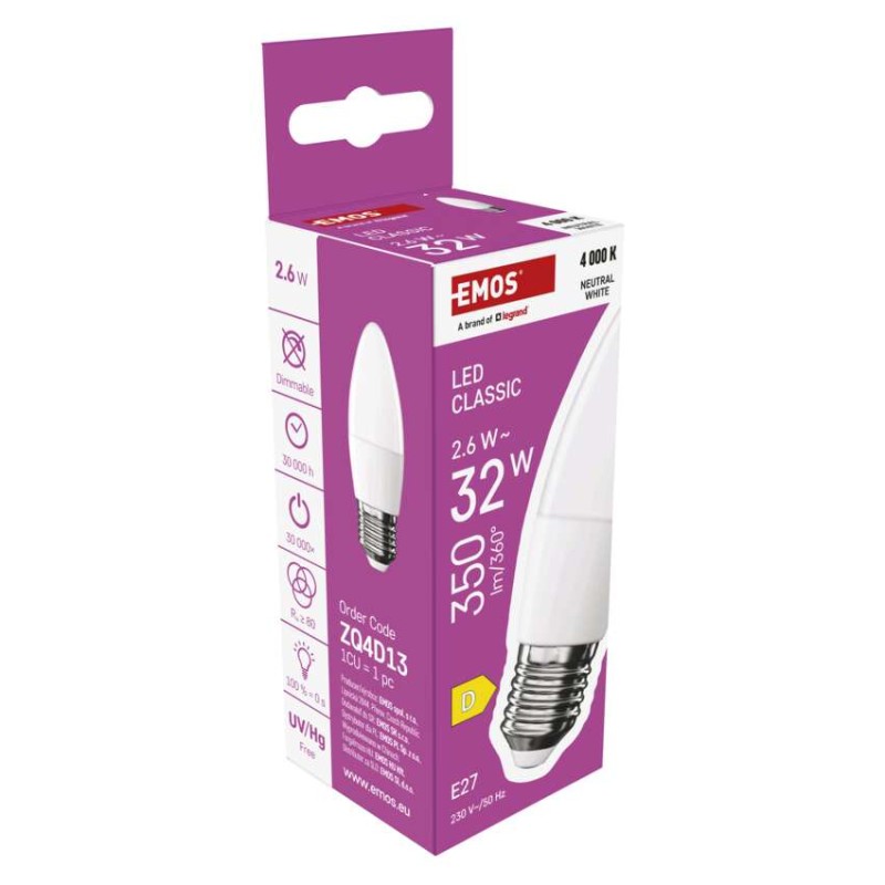 LED izzó Classic gyertya / E27 / 2,6 W (32 W) / 350 lm / természetes fehér